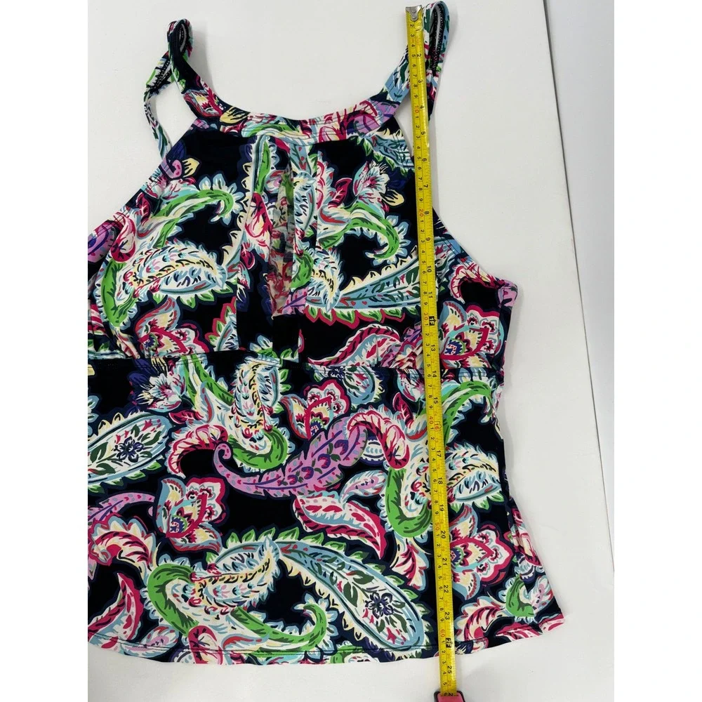 Liz Claiborne Sz XXL Paisley Floral Halter Tankini Swim Top Keyhole Navy Blue